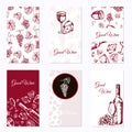 Set of six business cards. Wine company. Restaurant theme. Vector illustration.