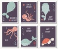 Set of six cards with underwater animals and birthday messages, whale, octopus, turtle