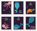 Set of six cards with underwater animals and birthday messages, whale, octopus, turtle