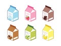 Set of six cartons of milk.Fresh milk,strawberry milk, chocolate milk,coffee milk,green tea milk,banana milk.