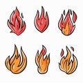 Set six cartoon fire flames, different shapes styles, vibrant colors. Handdrawn flame symbols Royalty Free Stock Photo