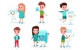 Set With Six Children And Big Cartoon Characters Of Milk Cartons And Glasses Funny Vector Illustrations