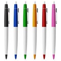 Set of six colored ballpoint pens with buttons and metal