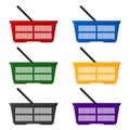 A set of six colored shopping baskets side view. Isolated vector illustration