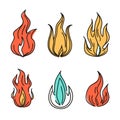 Set six colorful cartoon fire flames designs isolated white background. Various abstract flame Royalty Free Stock Photo