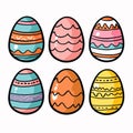 Set six colorful Easter eggs decorated various patterns. Handdrawn style designs suitable holiday