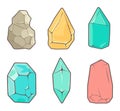 Set of six colorful gemstones in various shapes. Cartoon style mineral crystal collection. Geology and jewelry theme Royalty Free Stock Photo