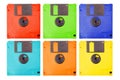 Set of six colorful pop-art diskettes, lots of floppy drives isolated on white. Abstract seamless pattern background Royalty Free Stock Photo