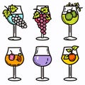 Set six colorful wine glasses different fruits, representing various fruit wines cocktails. Bold