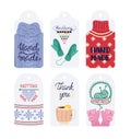 Set of six craft-themed tags with cozy knitting and handmade elements. Cute tags with sweater, mittens, cup, yarn, and
