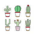 Set of six cute cacti in colorful pots with different styles. Hand-drawn cactus collection, indoor plants vector