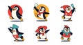 Adorable Cartoon Penguins in Various Outfits and Poses Royalty Free Stock Photo