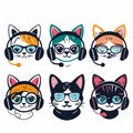 Set six cute cats wearing headphones glasses, cat unique markings. Cartoon feline characters music Royalty Free Stock Photo