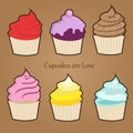 Set of six cute colorful stylized cupcakes with frosting, icing and sprinkles