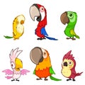 Set of six cute and funny cartoon parrots