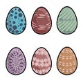 Set of six decorated Easter eggs vector illustration, isolated on white background, with playful patterns and pastel colors Royalty Free Stock Photo