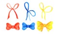Set of six decorative elements. Colorful thin and lush ribbons. Yellow, blue, red bows. Present and party decore. Hand drawn Royalty Free Stock Photo