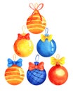 Set six decorative elements. Multi-colored Christmas balls. Christmas tree decorations. Yellow, blue, red orange ornament glass Royalty Free Stock Photo