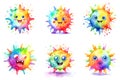 A set of six different colored cartoon germs, watercolor clipart on white background.