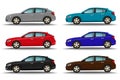 Set of six different colors cars on white background. Hatchback vehicles side view. Family transport concept