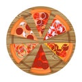 Set of six different pizza slices on a wooden plate. Pizza with different fillings