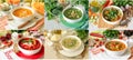 Set of six different soups borscht, kharcho, light vegetables, champignon mushrooms, broccoli celery and pumpkin puree