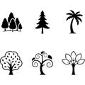 Set of six different stylized tree illustrations including pine trees and palm trees isolated on transparent background Royalty Free Stock Photo