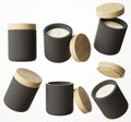 Set of six different views of black container candle with cotton wick in concrete jar with wooden lid 3D render, luxury