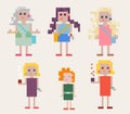 Set of six female pixel people Royalty Free Stock Photo