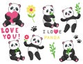 Set of six funny pandas with bamboo Royalty Free Stock Photo