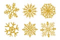 Set six Gold glitter texture snowflake isolated on white background. Vector illustration