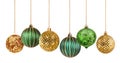 Six gold and green decoration Christmas balls collection hanging isolated