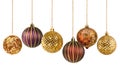 Six gold and warm colors decoration Christmas balls collection hanging isolated