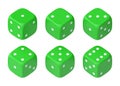 Set of six green dice with white dots hanging in half turn showing different numbers