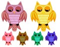 a set of six half-asleep owls with half-closed eyes with ornamented wings and tails