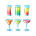 Set of six hand drawn glasses with long alcohol cocktails in color