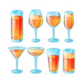 Set of six hand drawn glasses with long alcohol cocktails in color