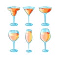 Set of six hand drawn glasses with long alcohol cocktails with juice in color