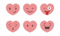 Set of six heart shaped emoticons. Vector emoji heads in the shape of hearts with different emotions on the face. Royalty Free Stock Photo