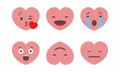 Set of six heart shaped emoticons. Vector emoji heads in the shape of hearts with different emotions on the face Royalty Free Stock Photo