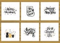 Set of six holidays greeting card with unique handwritten lettering. Christmas cards collection. Vector Illustration. Royalty Free Stock Photo