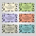 Set of six horizontal business cards in different soft colors. Vintage pattern with leaves. Complied with the standard sizes.