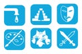 Set of six icons. Water, Mayan pyramid, sword fighting, creativity, theater, sand animation