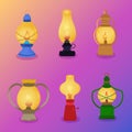 A set of. six kerosene lamps. Lights for camping, gardening, camping, walking. Vector illustration.