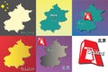 Set of six map illustration of Beijing-Capital of China - you are here sign - stars from the flag - building from beijing -