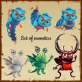 Set of six menacing insects, cute monsters Royalty Free Stock Photo