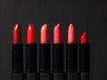 Set of six multi-colored lipsticks or lip glosses. set of makeup artist.