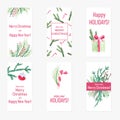 Set of six New Year greeting cards with hand-drawn watercolor elements. Christmas posters with holiday gifts, decorations and pine