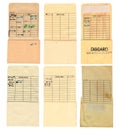 Set of Six Old Stained Library Due Date Pocket Sleeves Royalty Free Stock Photo