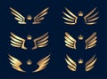 Set of six pairs of gold wings with crowns. Vector illustration Royalty Free Stock Photo